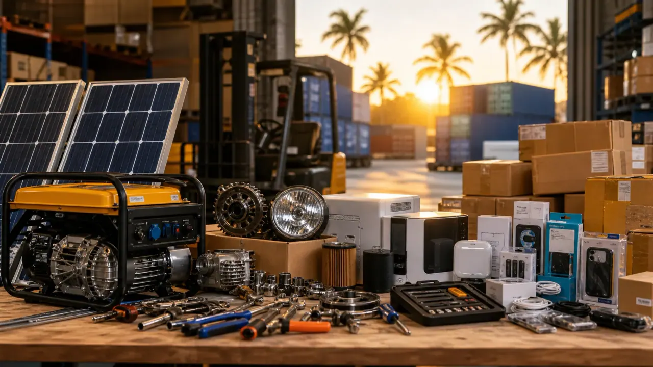 MotoSolar Supply export warehouse with motorcycle parts and solar products ready for international shipment
